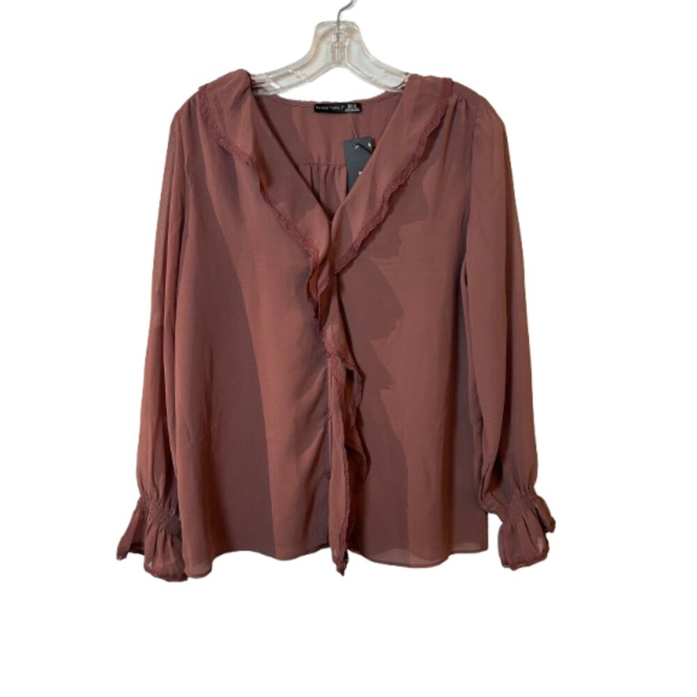Black Tape Ashy Rose Mauve Ruffle Blouse XS Romantic Sheer Long Sleeve Top  NWT
